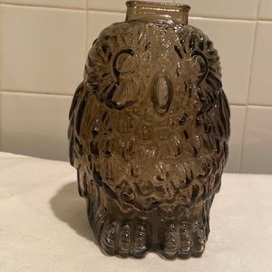 🌺 vintage glass owl  coin, bank, wise old owl gray black